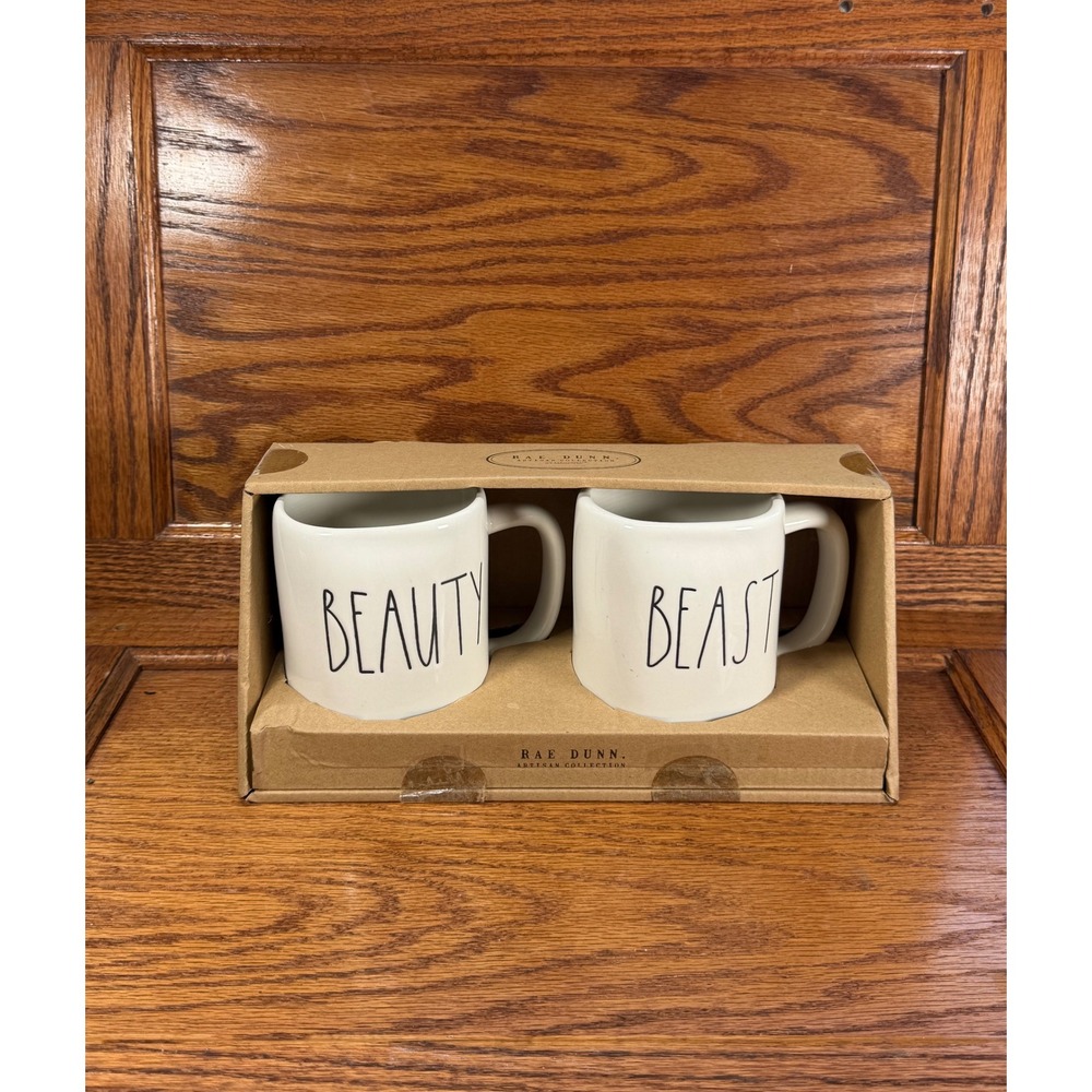 Rae Dunn Beauty and Beast Mug Set Artisan Collection by Magenta White Ceramic